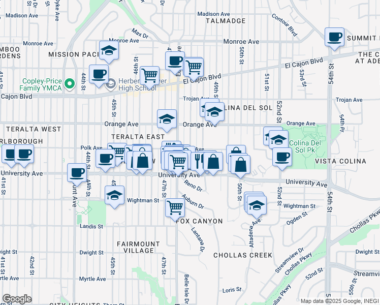 map of restaurants, bars, coffee shops, grocery stores, and more near 4074 48th Street in San Diego