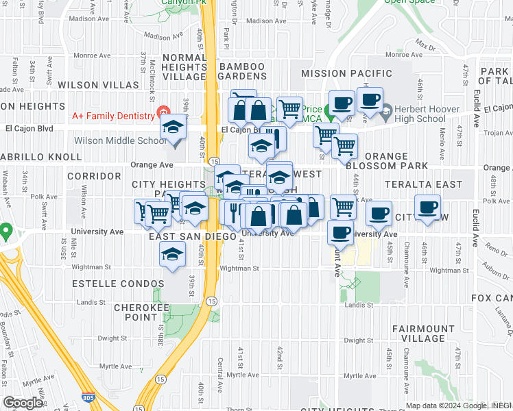 map of restaurants, bars, coffee shops, grocery stores, and more near 4063 Polk Avenue in San Diego