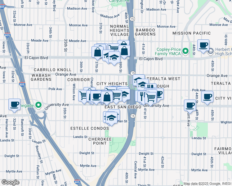 map of restaurants, bars, coffee shops, grocery stores, and more near 4072 39th Street in San Diego