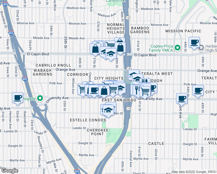 map of restaurants, bars, coffee shops, grocery stores, and more near 4072 39th Street in San Diego