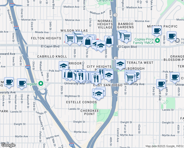map of restaurants, bars, coffee shops, grocery stores, and more near 4057 37th Street in San Diego