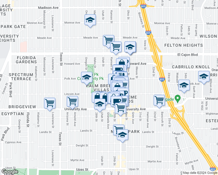map of restaurants, bars, coffee shops, grocery stores, and more near 4046 Kansas Street in San Diego