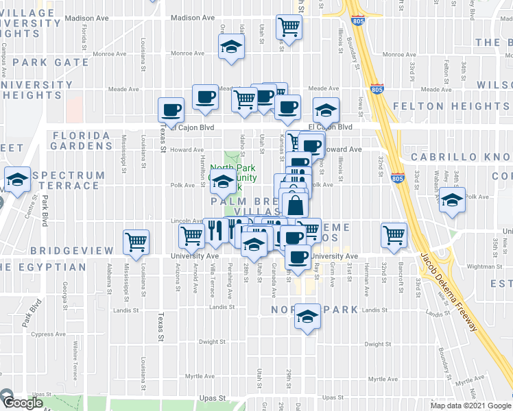 map of restaurants, bars, coffee shops, grocery stores, and more near 4031 Idaho Street in San Diego