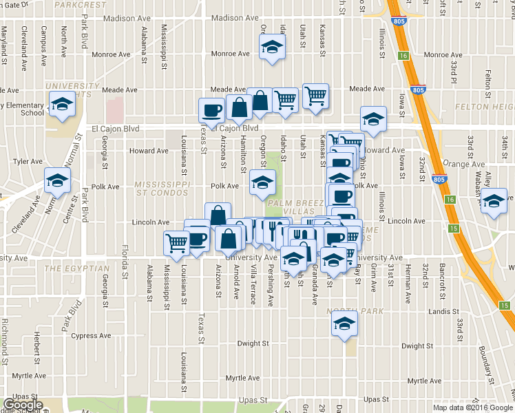 map of restaurants, bars, coffee shops, grocery stores, and more near 4041 Oregon Street in San Diego
