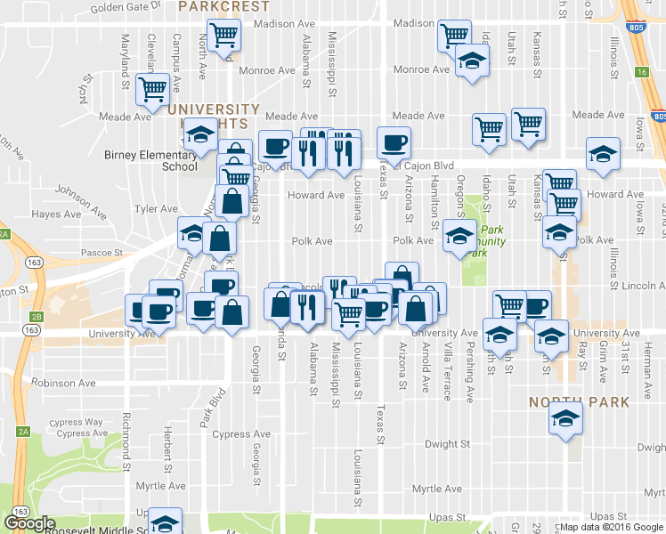 map of restaurants, bars, coffee shops, grocery stores, and more near 4035 Mississippi Street in San Diego