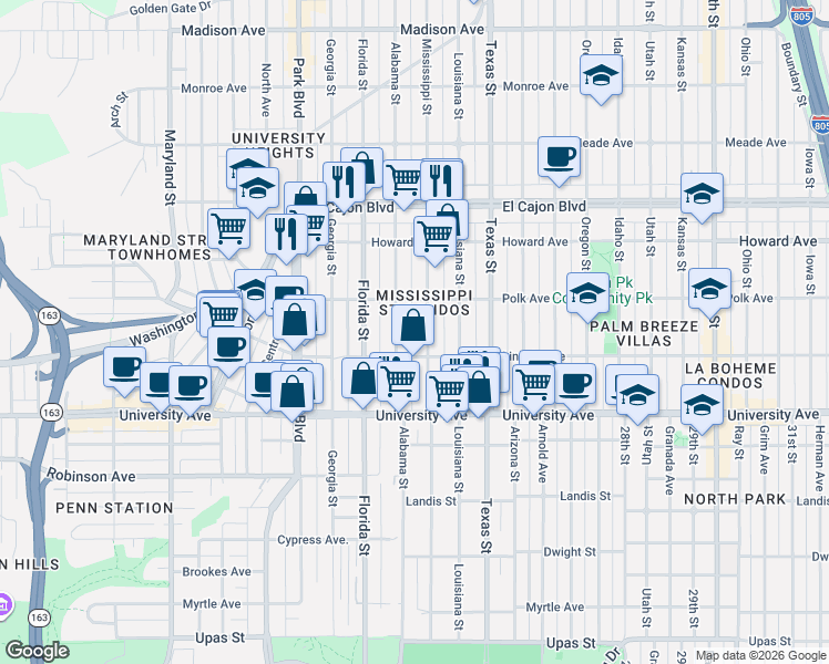 map of restaurants, bars, coffee shops, grocery stores, and more near 4025 Alabama Street in San Diego