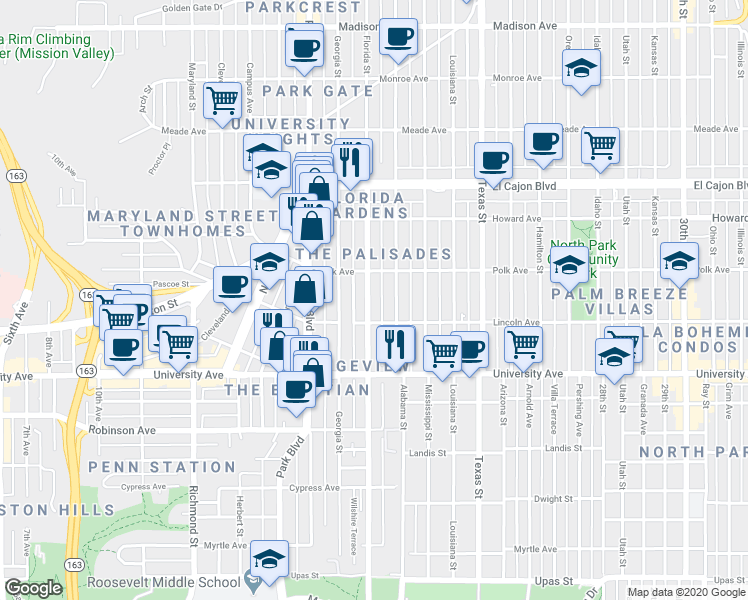 map of restaurants, bars, coffee shops, grocery stores, and more near 4034 Florida Street in San Diego