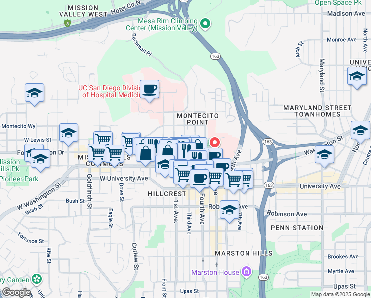 map of restaurants, bars, coffee shops, grocery stores, and more near 4057 1st Avenue in San Diego