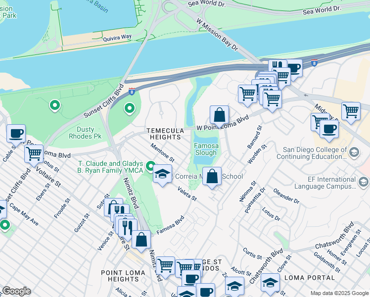 map of restaurants, bars, coffee shops, grocery stores, and more near 2818 Camulos Street in San Diego