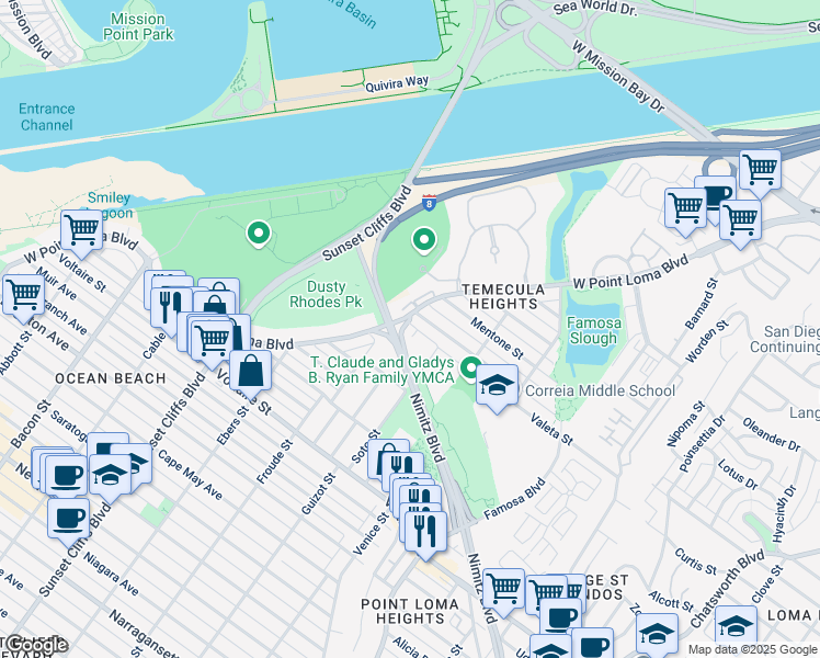 map of restaurants, bars, coffee shops, grocery stores, and more near in San Diego