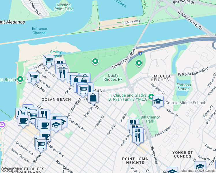 map of restaurants, bars, coffee shops, grocery stores, and more near 4712 West Point Loma Boulevard in San Diego