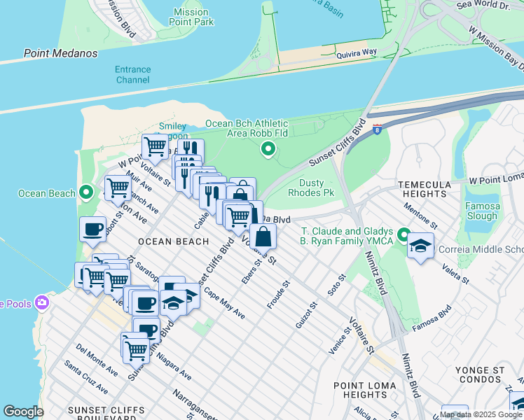 map of restaurants, bars, coffee shops, grocery stores, and more near 4770-72 West Point Loma Boulevard in San Diego