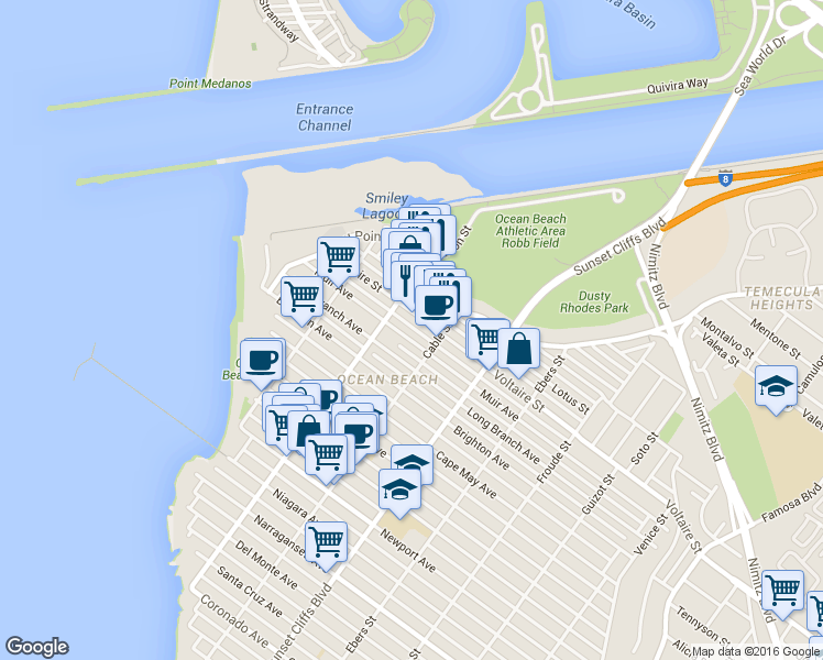 map of restaurants, bars, coffee shops, grocery stores, and more near 4942 Muir Avenue in San Diego