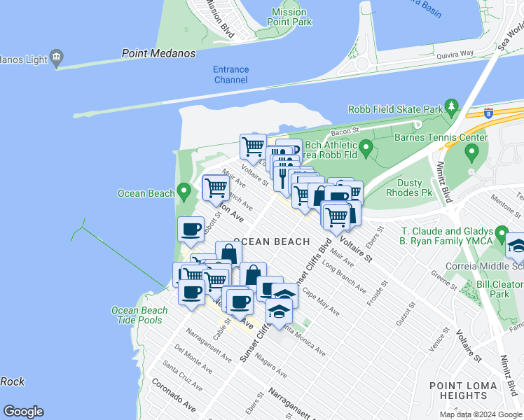 map of restaurants, bars, coffee shops, grocery stores, and more near 2136 Bacon Street in San Diego