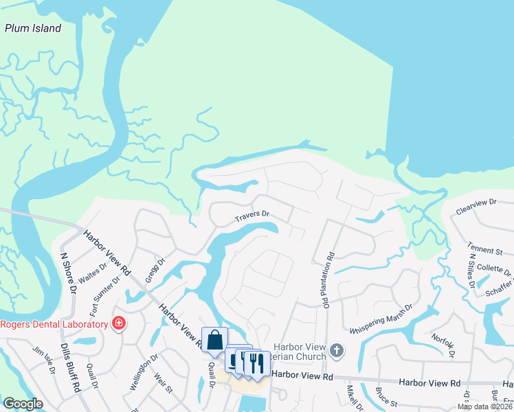 map of restaurants, bars, coffee shops, grocery stores, and more near 980 Travers Drive in Charleston