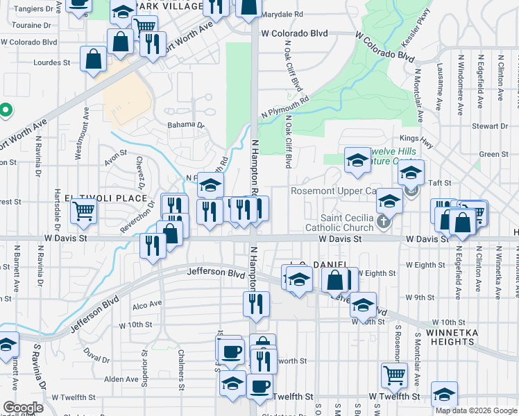 map of restaurants, bars, coffee shops, grocery stores, and more near 638 North Hampton Road in Dallas