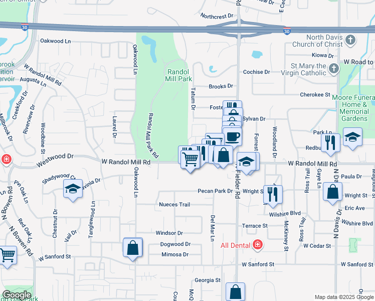 map of restaurants, bars, coffee shops, grocery stores, and more near 1104 Millview Drive in Arlington