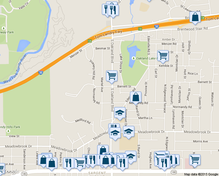map of restaurants, bars, coffee shops, grocery stores, and more near 1801 Oakland Boulevard in Fort Worth