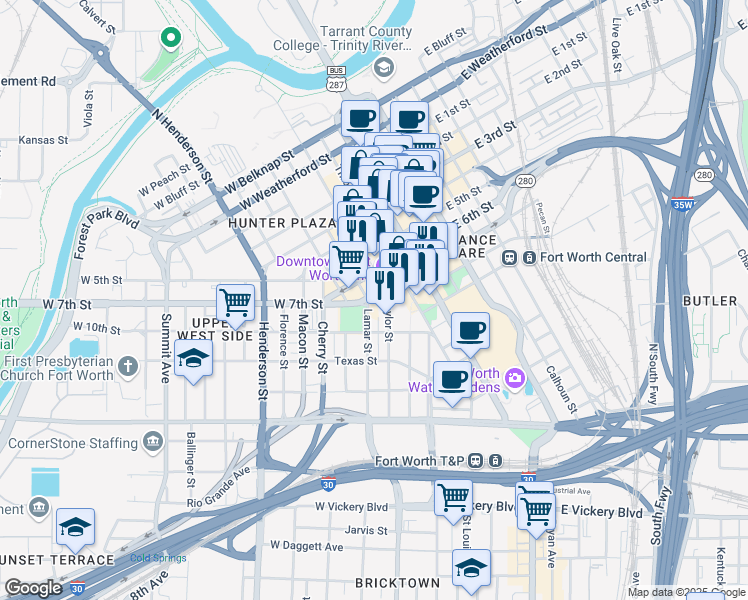 map of restaurants, bars, coffee shops, grocery stores, and more near 307-309 West 7th Street in Fort Worth
