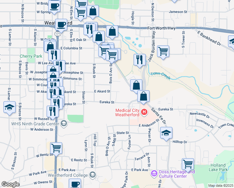 map of restaurants, bars, coffee shops, grocery stores, and more near 508 East Akard Street in Weatherford