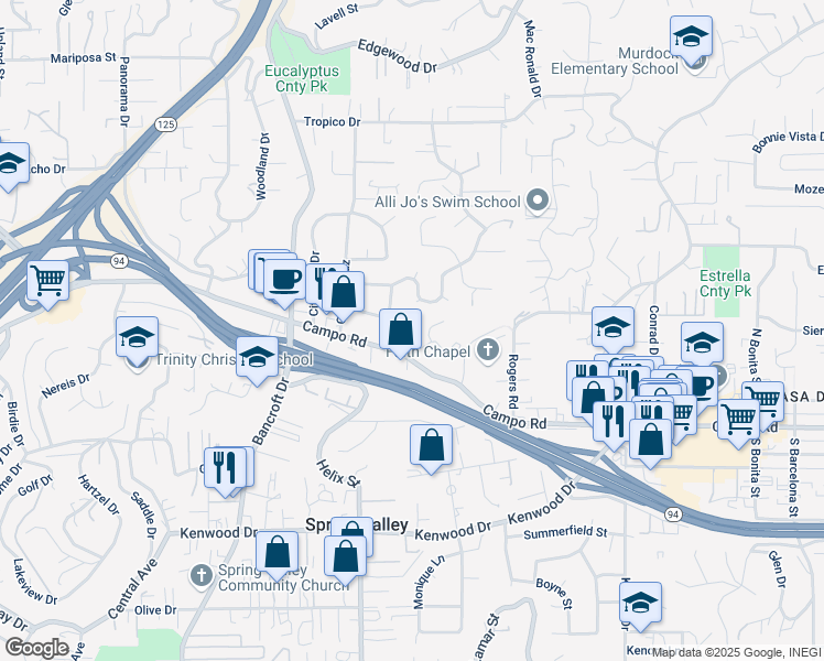 map of restaurants, bars, coffee shops, grocery stores, and more near 9288 Campo Road in Spring Valley