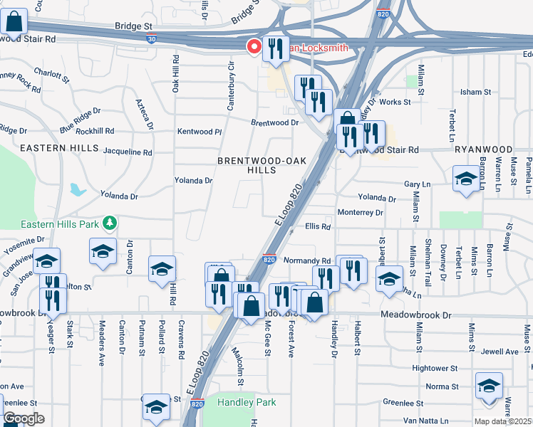 map of restaurants, bars, coffee shops, grocery stores, and more near 1865 Sheffield Place in Fort Worth