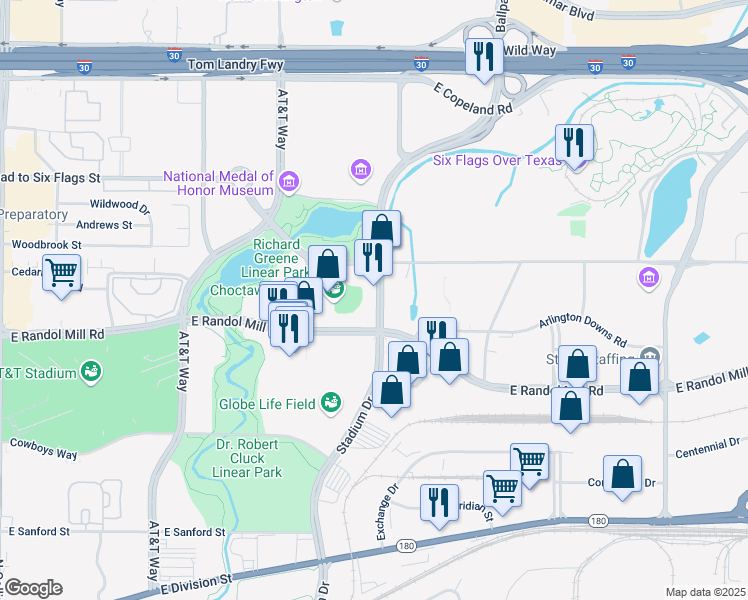 map of restaurants, bars, coffee shops, grocery stores, and more near 1080 Ballpark Way in Arlington