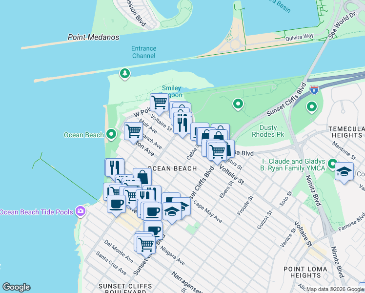 map of restaurants, bars, coffee shops, grocery stores, and more near 4942 Muir Avenue in San Diego