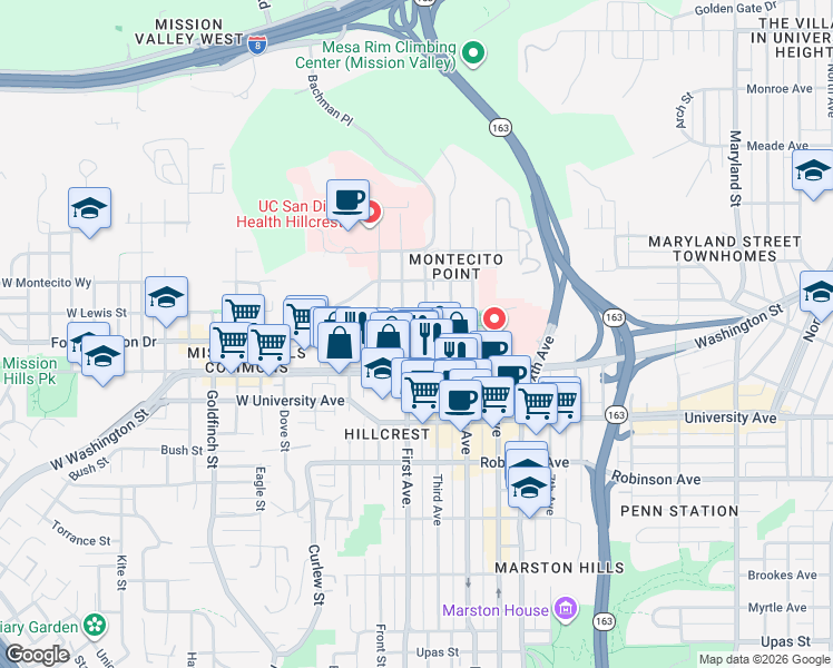 map of restaurants, bars, coffee shops, grocery stores, and more near 4057 1st Avenue in San Diego