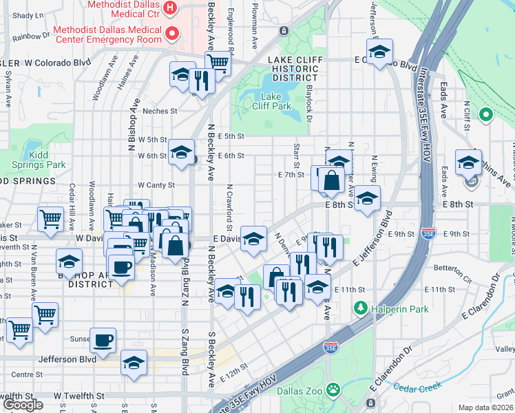 map of restaurants, bars, coffee shops, grocery stores, and more near 343 North Patton Avenue in Dallas