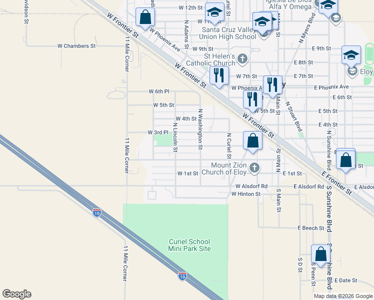 map of restaurants, bars, coffee shops, grocery stores, and more near 413 West 2nd Place in Eloy