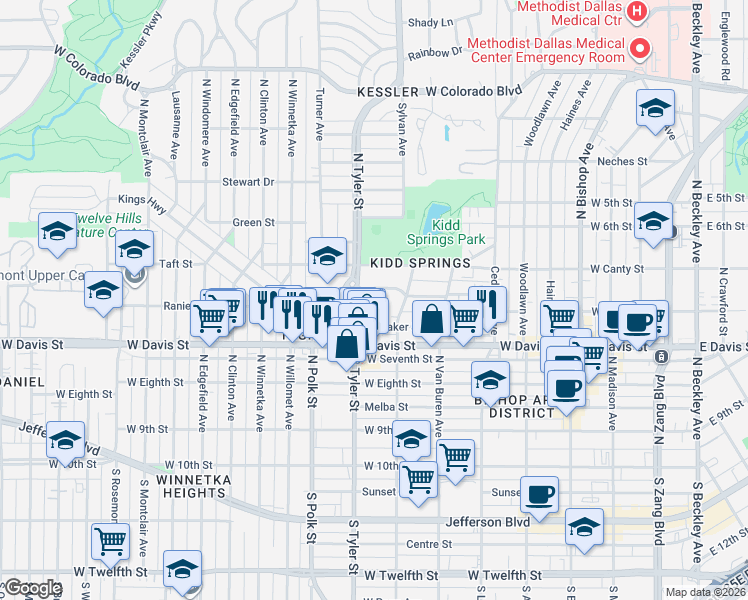 map of restaurants, bars, coffee shops, grocery stores, and more near 647 Strong Street in Dallas