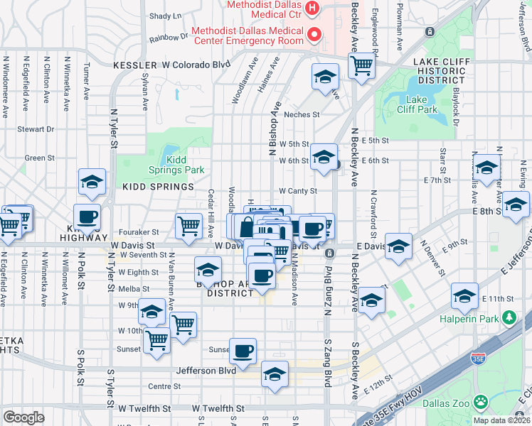 map of restaurants, bars, coffee shops, grocery stores, and more near 705 North Bishop Avenue in Dallas