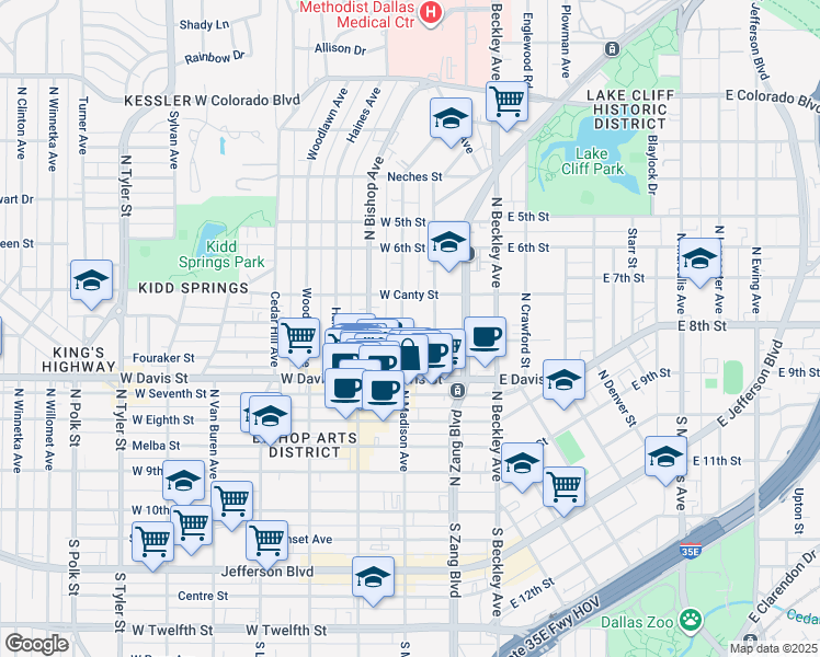 map of restaurants, bars, coffee shops, grocery stores, and more near 710 North Madison Avenue in Dallas