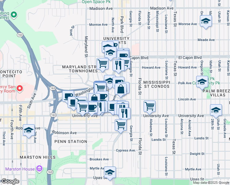 map of restaurants, bars, coffee shops, grocery stores, and more near 4018 Centre Street in San Diego