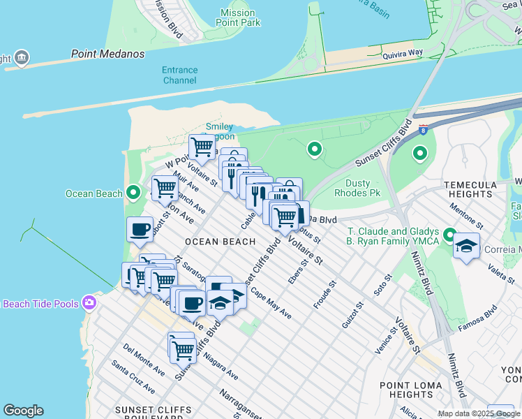map of restaurants, bars, coffee shops, grocery stores, and more near 4896 Voltaire Street in San Diego