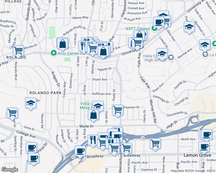 map of restaurants, bars, coffee shops, grocery stores, and more near 4026 Violet Street in La Mesa