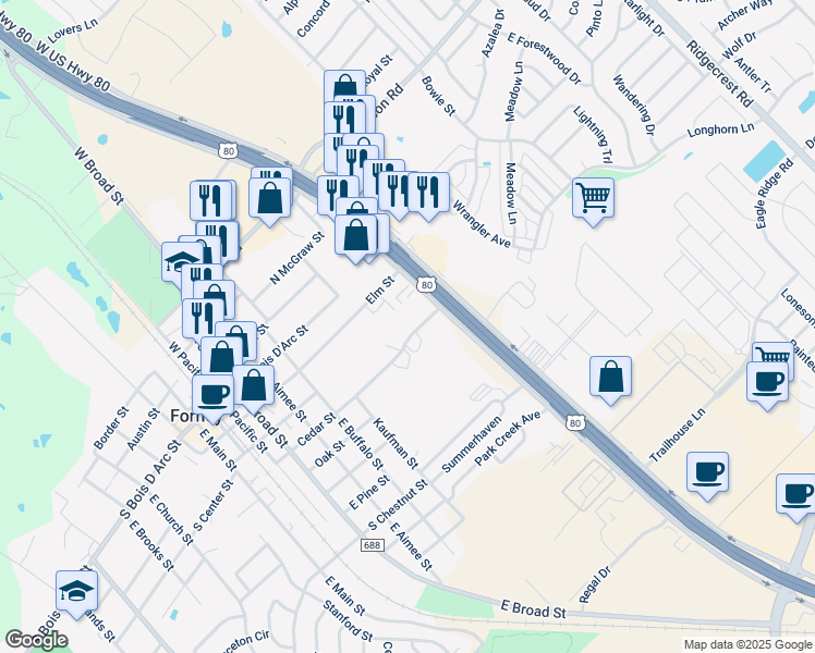 map of restaurants, bars, coffee shops, grocery stores, and more near 627 Cedar Street in Forney