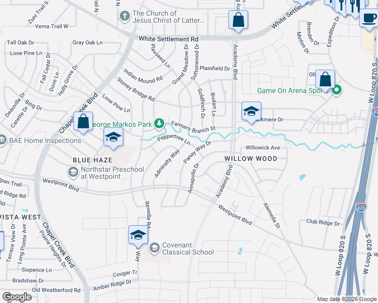 map of restaurants, bars, coffee shops, grocery stores, and more near 617 Admiralty Way in Fort Worth