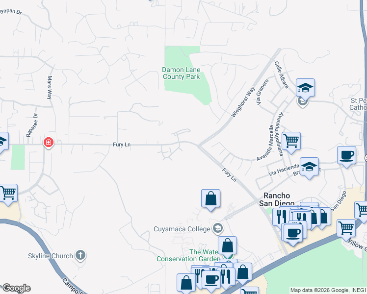 map of restaurants, bars, coffee shops, grocery stores, and more near 11525 Fury Lane in El Cajon