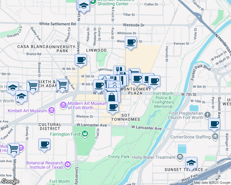 map of restaurants, bars, coffee shops, grocery stores, and more near West 7th Street in Fort Worth