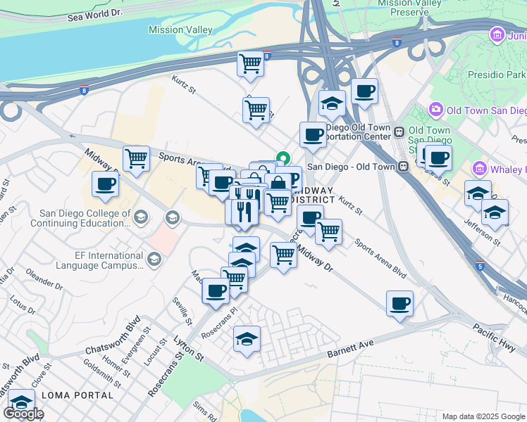 map of restaurants, bars, coffee shops, grocery stores, and more near 3142 Midway Drive in San Diego