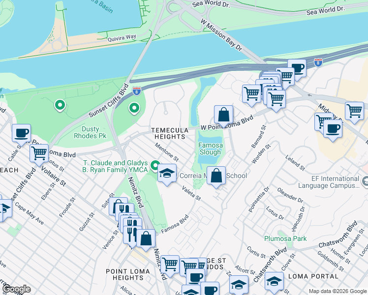 map of restaurants, bars, coffee shops, grocery stores, and more near 4359 Temecula Street in San Diego