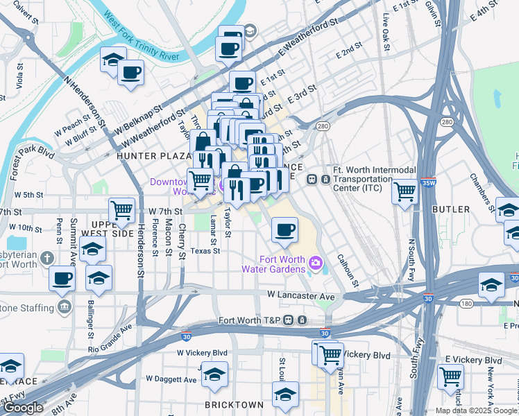 map of restaurants, bars, coffee shops, grocery stores, and more near 946 Houston Street in Fort Worth