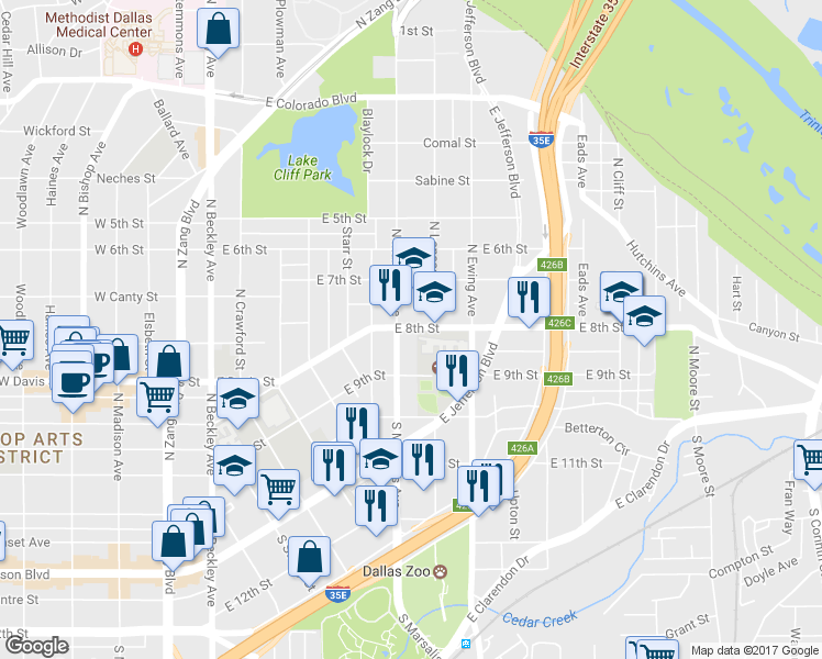 map of restaurants, bars, coffee shops, grocery stores, and more near 612 East 8th Street in Dallas
