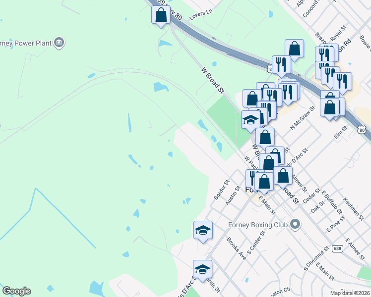 map of restaurants, bars, coffee shops, grocery stores, and more near 339 West Trinity Street in Forney