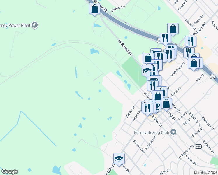 map of restaurants, bars, coffee shops, grocery stores, and more near 339 West Trinity Street in Forney