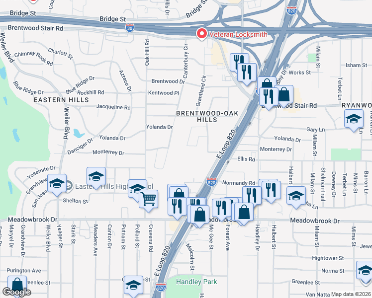 map of restaurants, bars, coffee shops, grocery stores, and more near 6404 Paradise Valley Road in Fort Worth