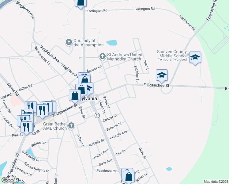 map of restaurants, bars, coffee shops, grocery stores, and more near 302 East Ogeechee Street in Sylvania