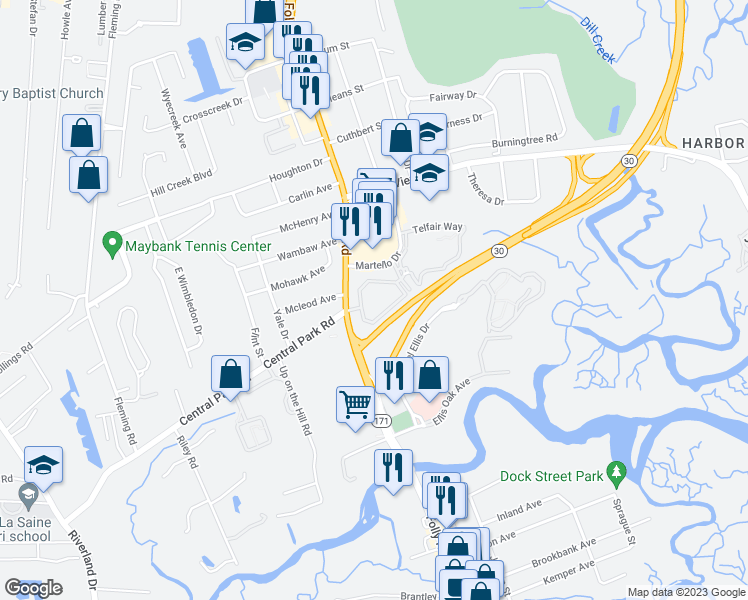 map of restaurants, bars, coffee shops, grocery stores, and more near 550 Folly Road in Charleston